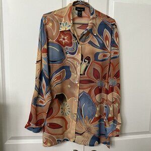 Morgan Cole Silk Blouse Womens XL Abstract Floral Sheer Button Up Shirt